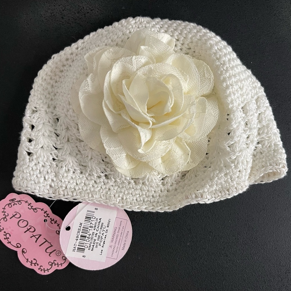 White Crochet Toddler Hat with Flower